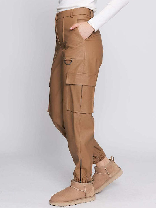 Women's High-waisted Fabric Cargo Trousers Beige