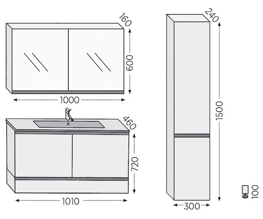Furnibath Πάγκος με Νιπτήρα & Καθρέπτη Μ101xΒ46xΥ72cm Grey