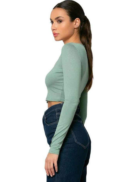 Women's Crop Top Long Sleeve with V Neckline Green.