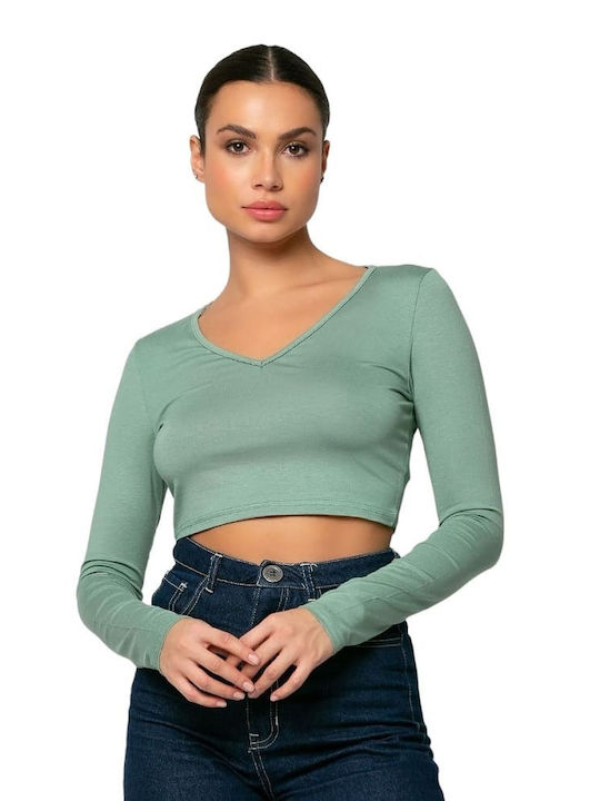Women's Crop Top Long Sleeve with V Neckline Green.