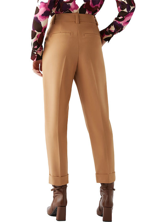 Damen Hoch tailliert Stoff Hose in Karotten Passform Camel.