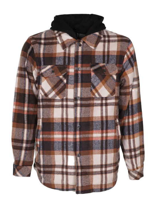 New Mentality Men's Shirt Overshirt Long Sleeve Checked Brown