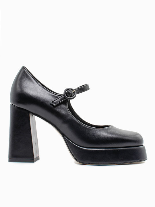 Sante Leather Black High Heels with Strap