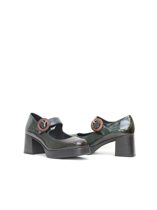 Wikers Patent Leather Green Medium Heels with Strap