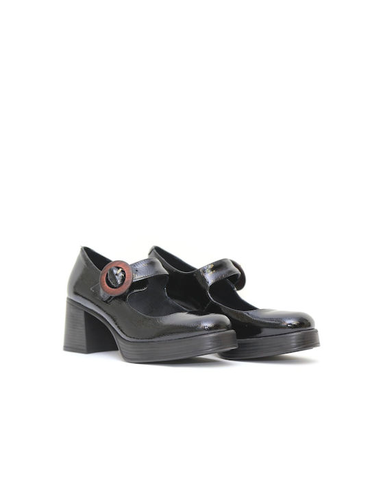 Wikers Patent Leather Black Medium Heels with Strap