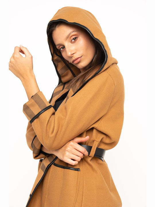 E-shopping Avenue Women's Leather Midi Coat with Belt and Hood Brown