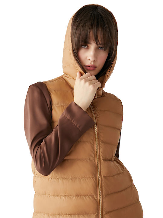 Women's Coat Brown with Hood and Fur Details