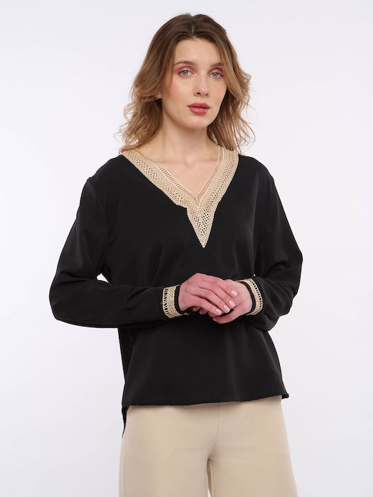 E-shopping Avenue Women's Blouse Long Sleeve with V Neckline Black