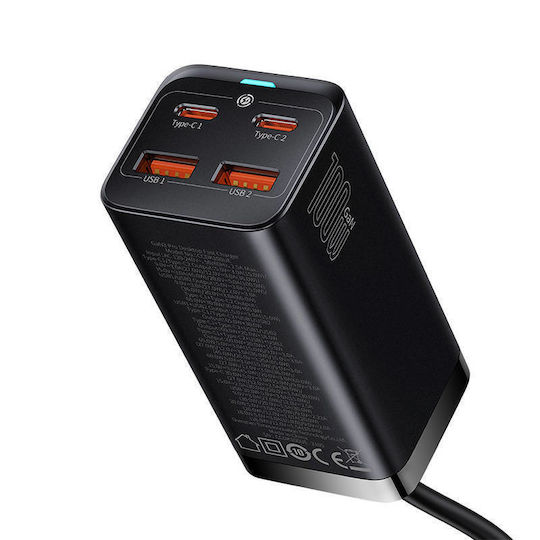 Baseus Charger Without Cable GaN with 2 USB-A Ports and 2 USB-C Ports 100W Quick Charge 4.0 Blacks (Gan3 Pro)