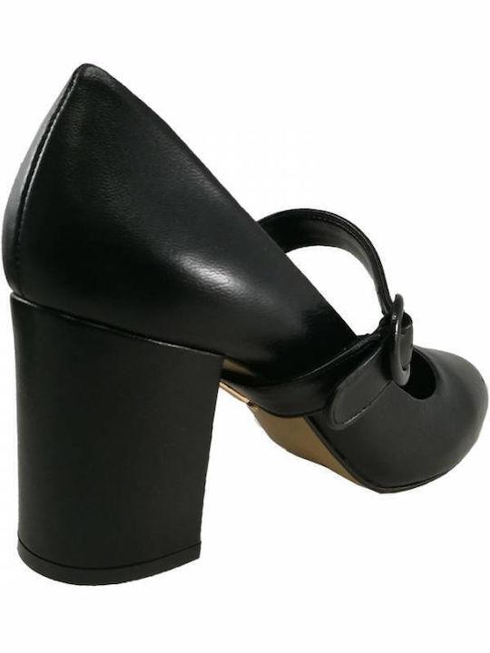 Leather Black High Heels with Strap