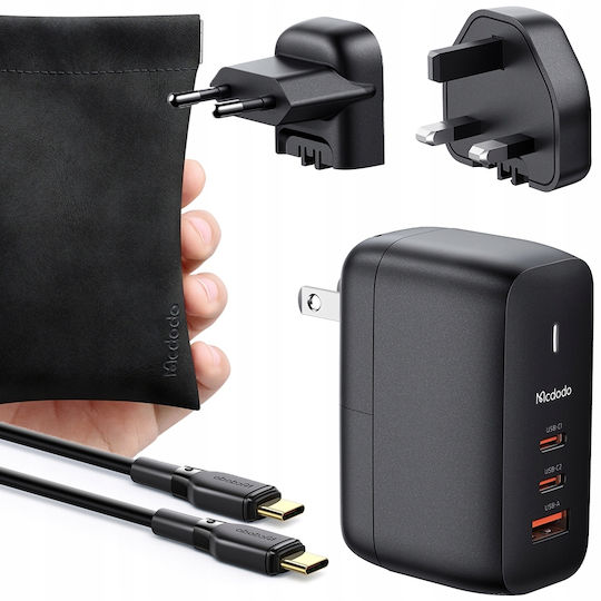 Mcdodo GaN Handyladegerät mit USB-A Ausgangsanschluss und 2 USB-C Ausgangsanschlüsse und Kabel USB-C 65W Stromlieferung Schwarz