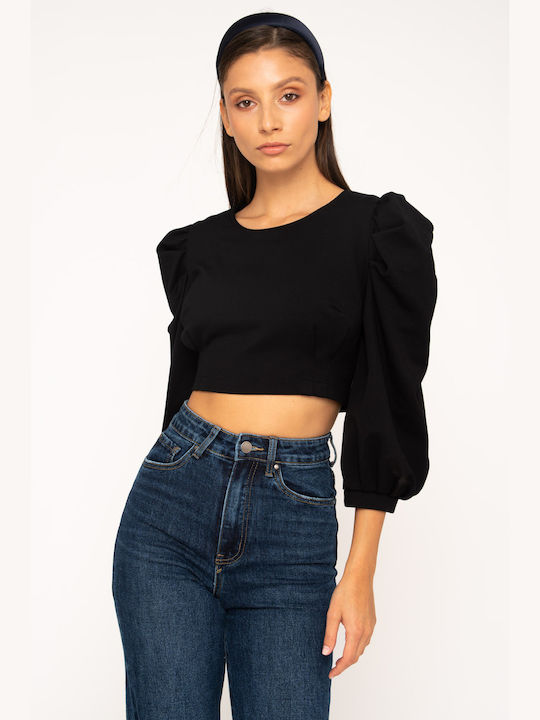 E-shopping Avenue Damen Crop Top Langärmelig Schwarz