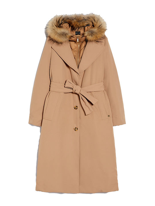 Women's Coat Brown with Hood and Fur Details