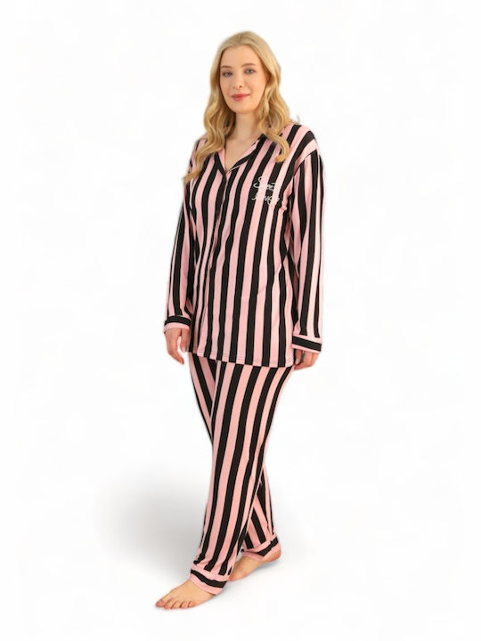 Siyah Inci Iarnă Set pijama femei Bumbac Pink + Black (Pink + Black) Plus Size