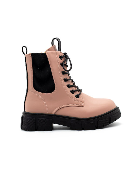 TOYITI Kids Leather Military Boots with Lace Pink