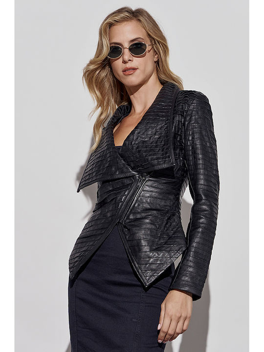 Estet Women's Short Lifestyle Leather Jacket for Winter BLACK