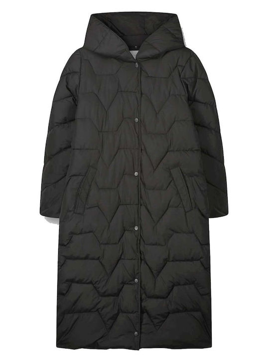 Women's Long Puffer Jacket for Winter with Hood Black