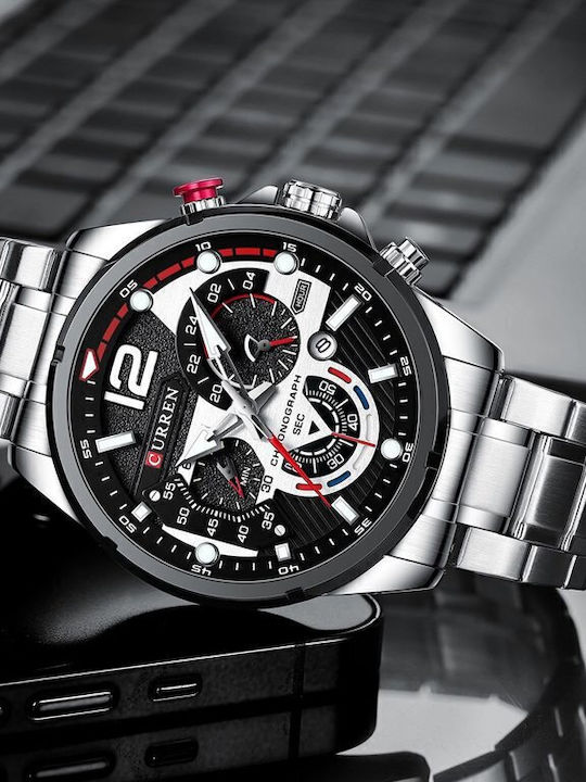 Curren 8395 Men's Watch 47mm Chronograph Battery with Silver Metal Bracelet