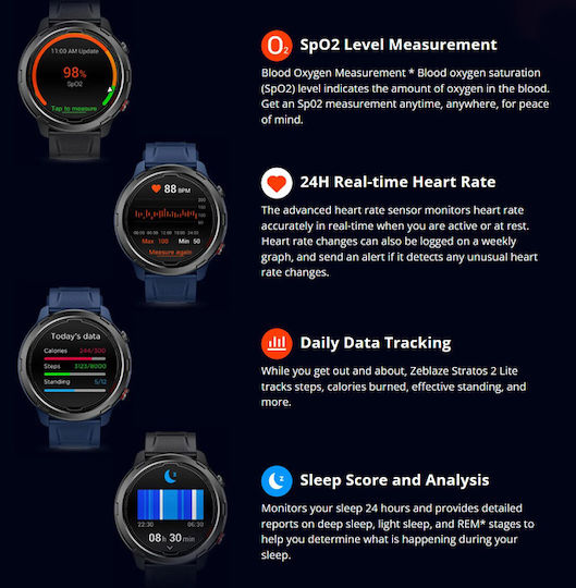 Zeblaze Stratos 2 Lite 47mm Αδιάβροχο Smartwatch με Παλμογράφο (Μαύρο)