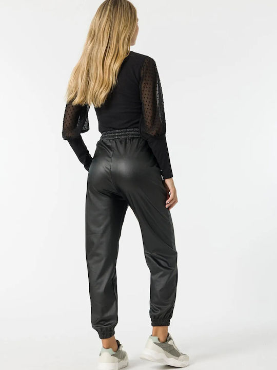 Tiffosi Damen Leder Hose mit Gummizug Schwarz