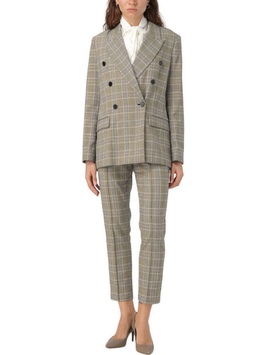 Women's High-waisted Fabric Trousers Checked Beige