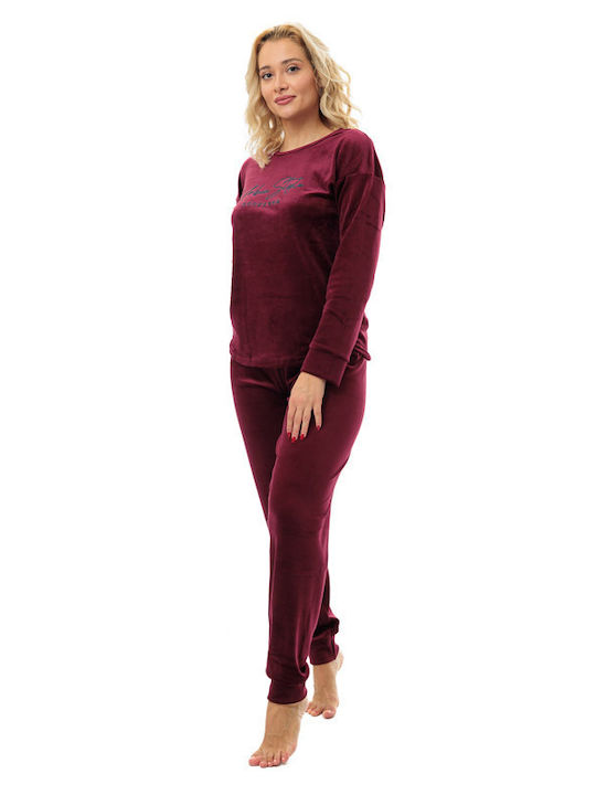 Boyraz Winter Damen Pyjama-Set Samt Burgundisch