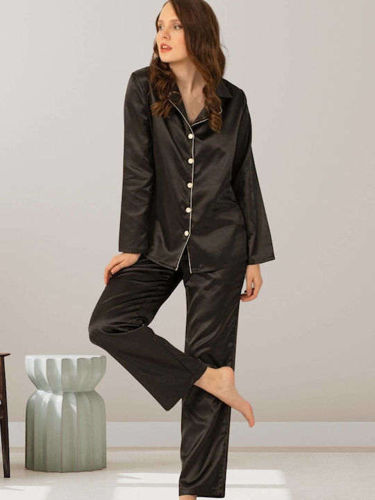 Doremi Winter Damen Pyjama-Set Satin Black