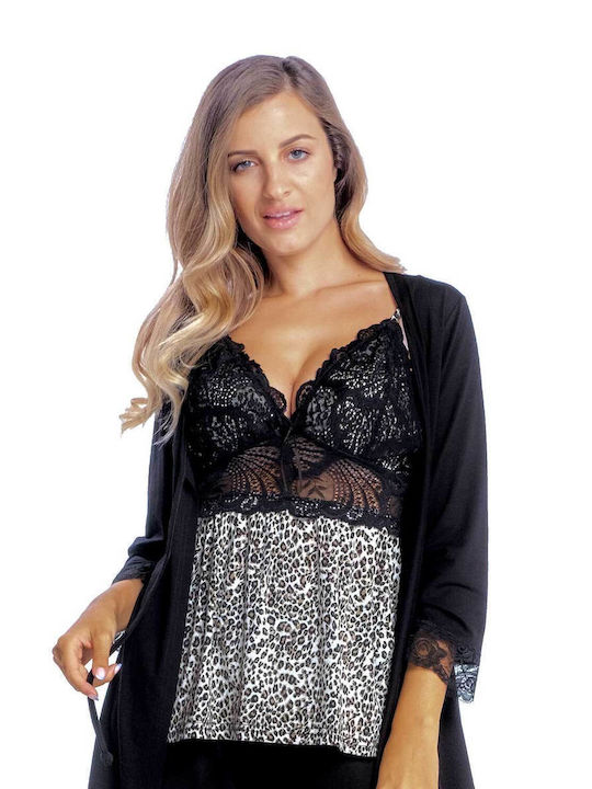 Secret Point Winter Damen Baumwolle Robe mit Pyjama Schwarz