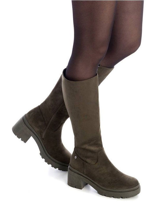 Xti Synthetic Leather Medium Heel Women's Boots with Zipper Khaki