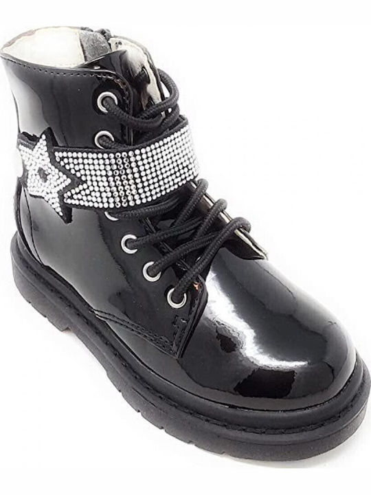 Vernice Kids Boots from Patent Leather with Laces Black