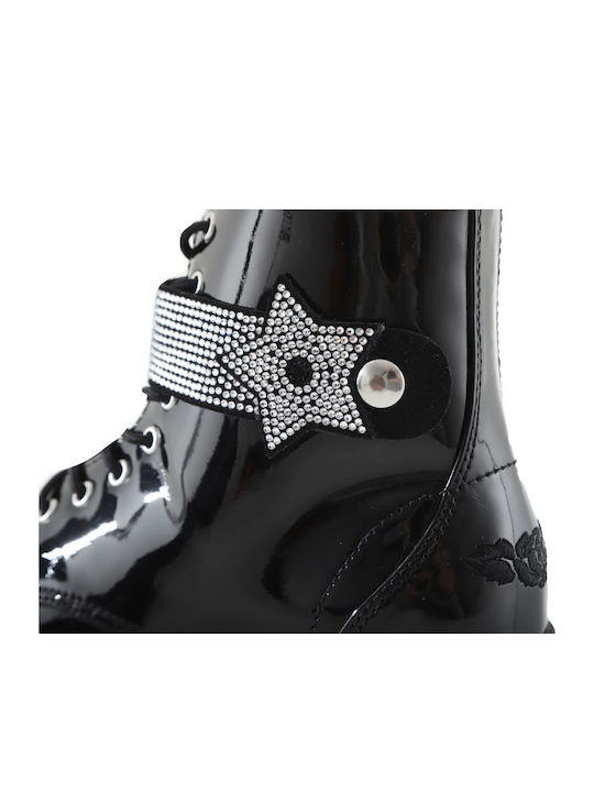 Vernice Kids Boots from Patent Leather with Laces Black