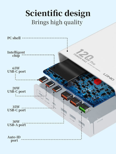 Ldnio Charging Stand with 3 USB-A Ports and 3 USB-C Ports 120W Power Delivery in White color (Q605)