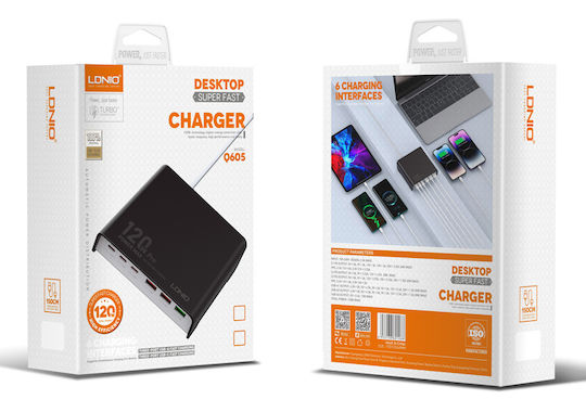 Ldnio Charging Stand with 3 USB-A Ports and 3 USB-C Ports 120W Power Delivery in Black color (Q605)
