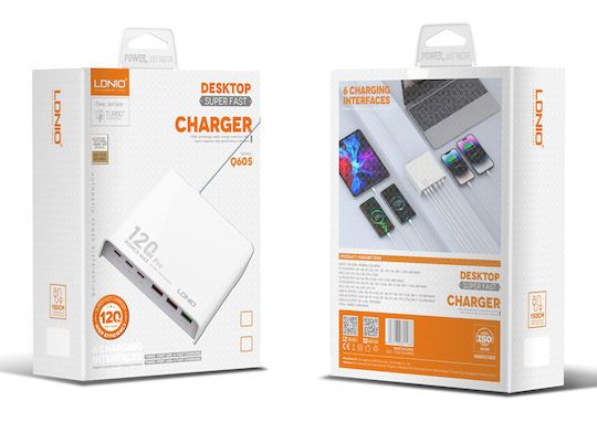 Ldnio Charging Stand with 3 USB-A Ports and 3 USB-C Ports 120W Power Delivery in White color (Q605)