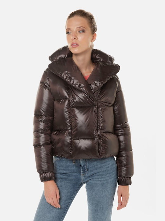 Save The Duck Women's Short Puffer Jacket for Winter Brown
