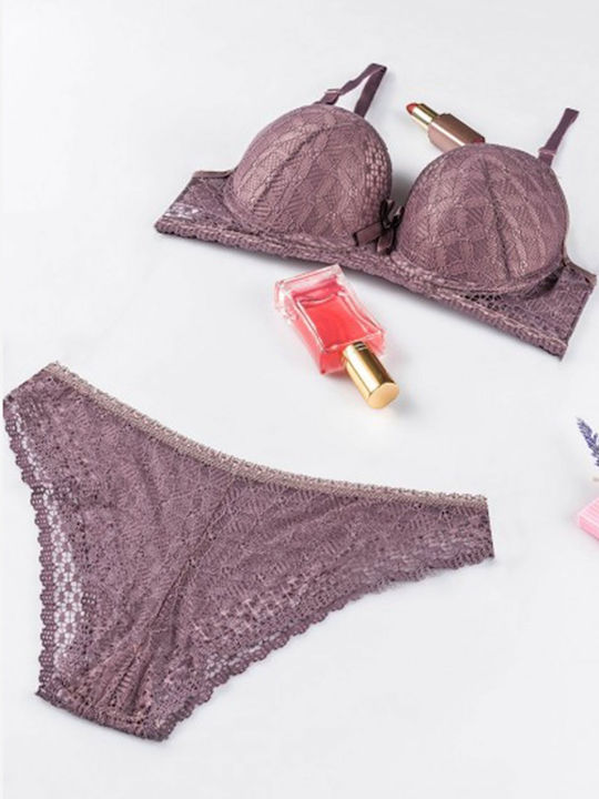 Cansoy Lace Underwear Set with Bra & Brazil Purple