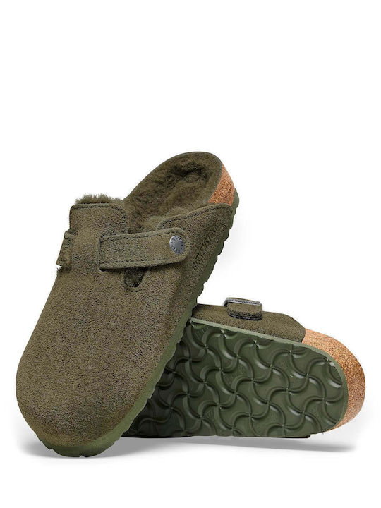 Boston Shearling Δερμάτινες Χειμερινές Ανδρικές Παντόφλες Πράσινες