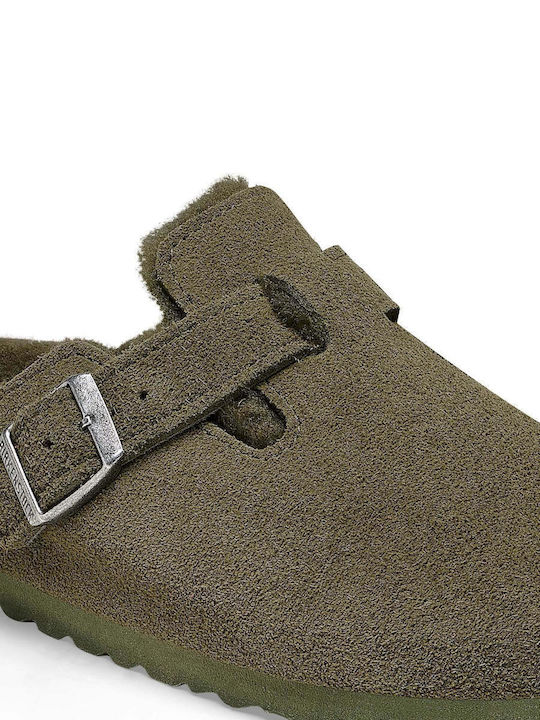 Boston Shearling Δερμάτινες Χειμερινές Ανδρικές Παντόφλες Πράσινες