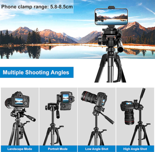 Puluz Τρίποδο Αλουμινίου με 3D Head και Phone Clamp (55cm-139cm) - Black