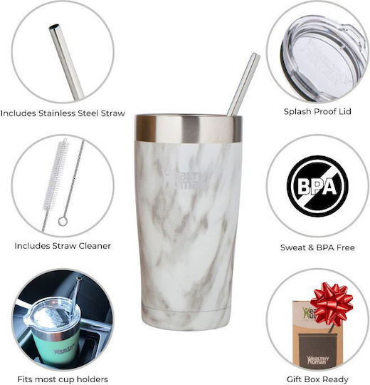 Healthy Human Cruiser Glass Thermos Stainless Steel BPA Free 591ml Stone White With Straw