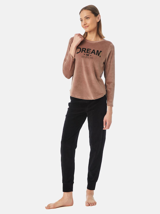 Minerva Winter Damen Baumwolle Pyjama-Oberteil Braun