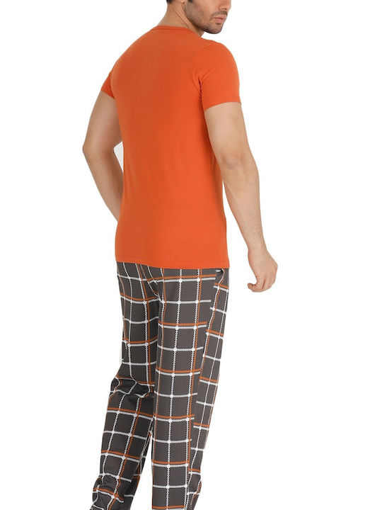 Teknur Men's Summer Cotton Checked Pajamas Set Orange