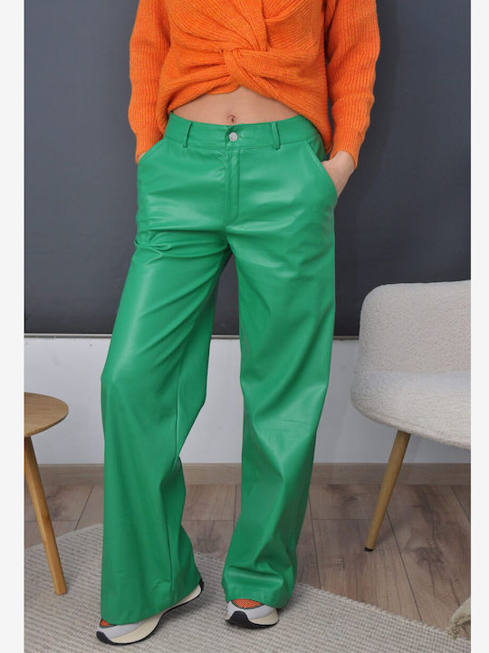 Olian Femei Piele Pantaloni largi green