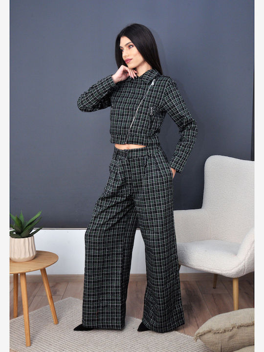 Olian Women's BLACK-GREEN Set with Trousers Checked