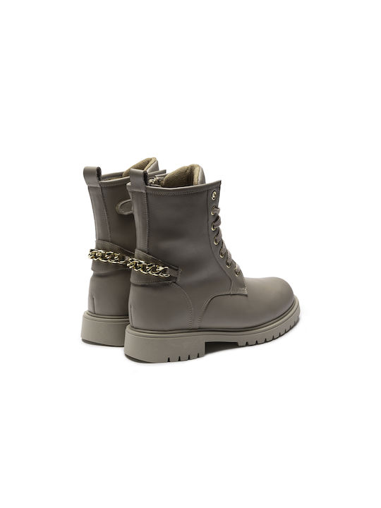 Amica Kids Leather Military Boots with Zipper Beige