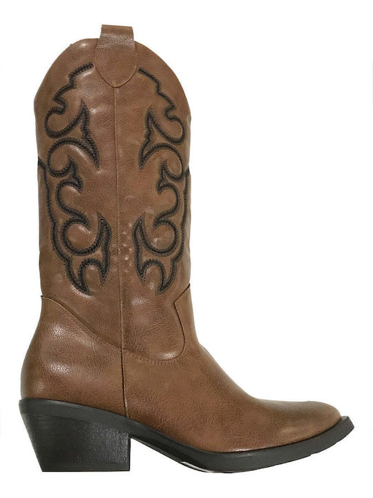 Ustyle Synthetic Leather Medium Heel Cowboy Boots with Zipper Brown