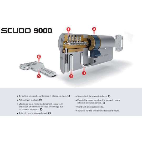 AGB Lock Cylinder Security Scudo 80mm (30-50) with 5 Keys Silver