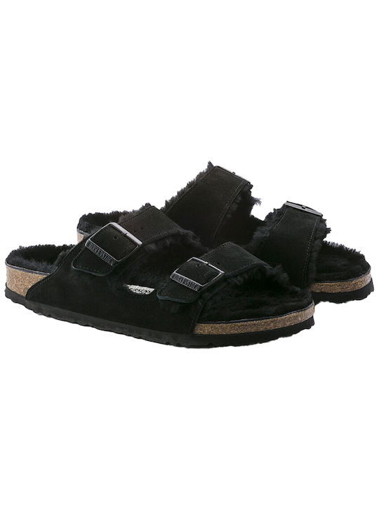 Birkenstock Arizona Shearling Γυναικεία Σανδάλια Ανατομικά σε Μαύρο Χρώμα