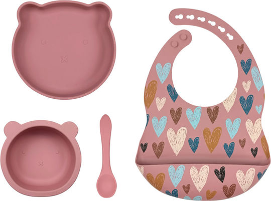 Queen Mother Set Essgeschirr Herzchen aus Silikon mit rutschfester Basis Rosa 4Stück für 6+ Monate