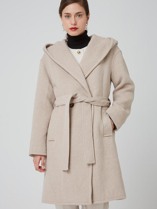 Women's Midi Coat with Belt and Hood Beige